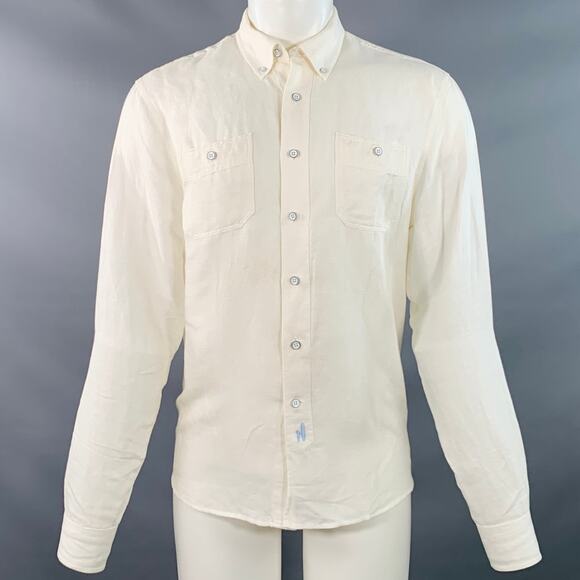JOHNNIE-O M Cream Linen Blend Button Down Collar Two Pockets Long Sleeve Shirt - Picture 1 of 9